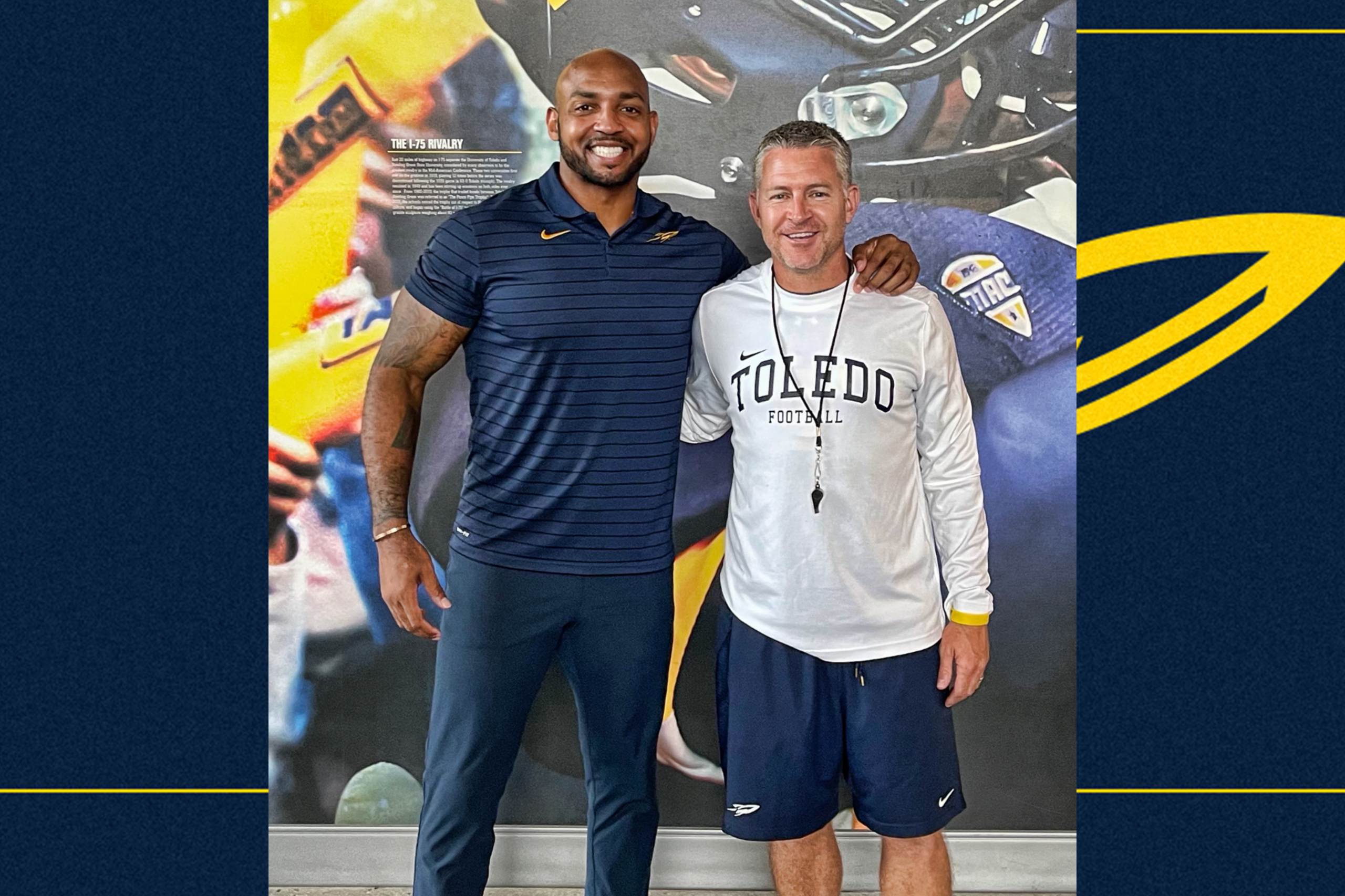 Roy Hall Jr. with University of Toldeo Head Football Coach Jason Candle after speaking with the team.